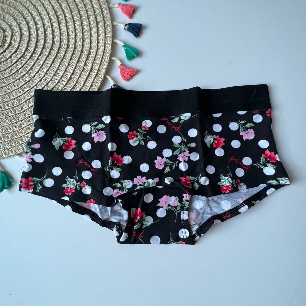 Victoria's Secret PINK Logo Boyshort Panty Black w Floral Dot Print Large NEW